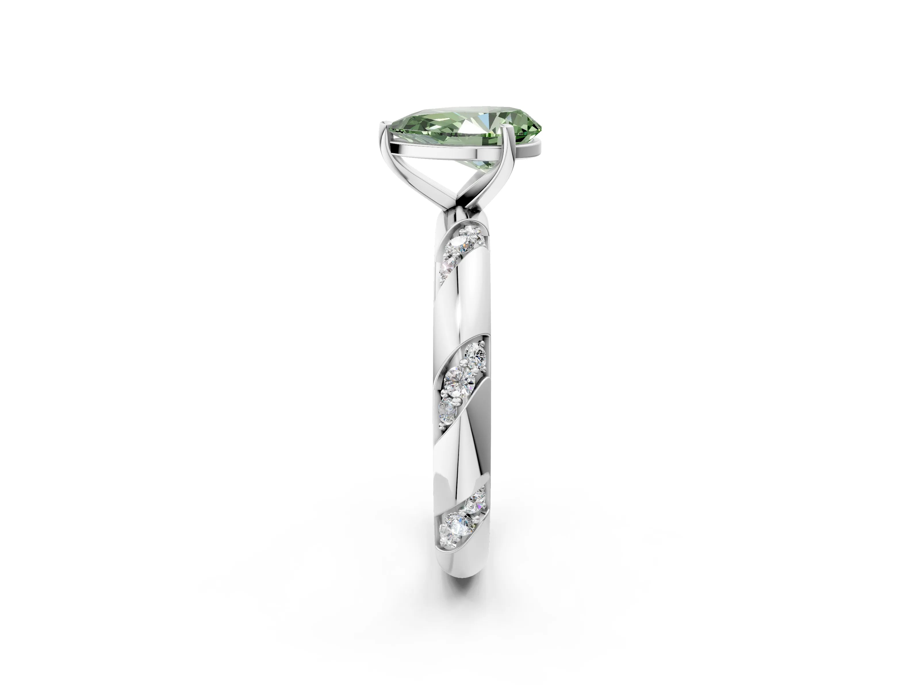 White gold Fancy Green Pear Cut Solitaire Diamond Engagement Ring with Twisted Pave Band and Four-Prong Setting_21