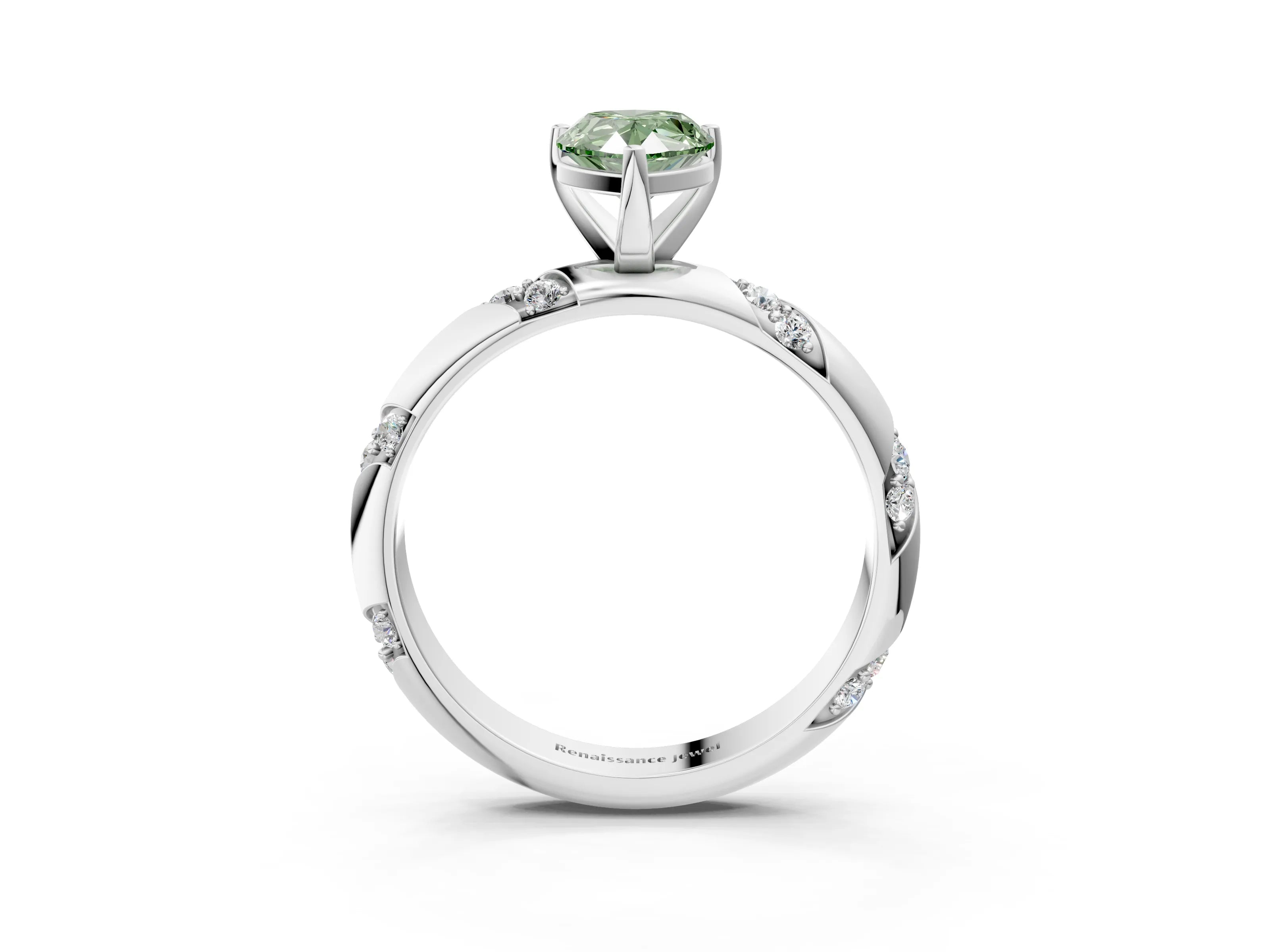 White gold Fancy Green Pear Cut Solitaire Diamond Engagement Ring with Twisted Pave Band and Four-Prong Setting_22
