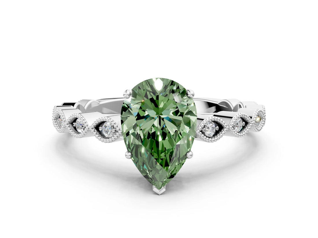 White gold Fancy Green Pear Cut Solitaire Diamond Ring with Infinity Twist Band and Four-Prong Setting