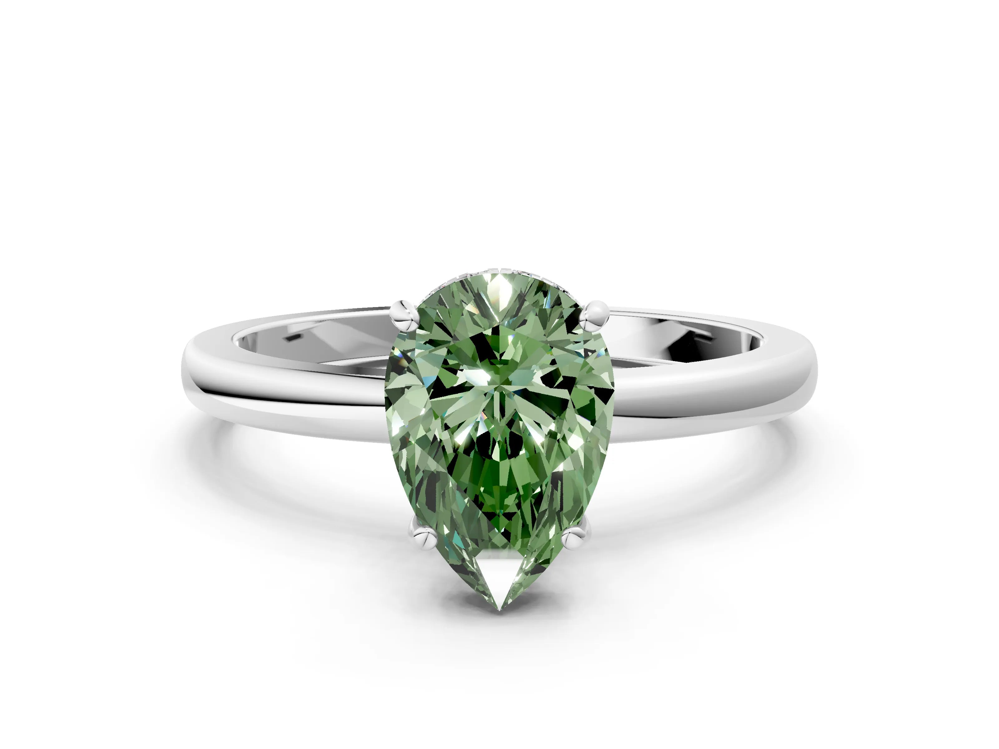 White gold Fancy Green Pear Cut Solitaire Diamond Ring with Prong Setting and Plain Band