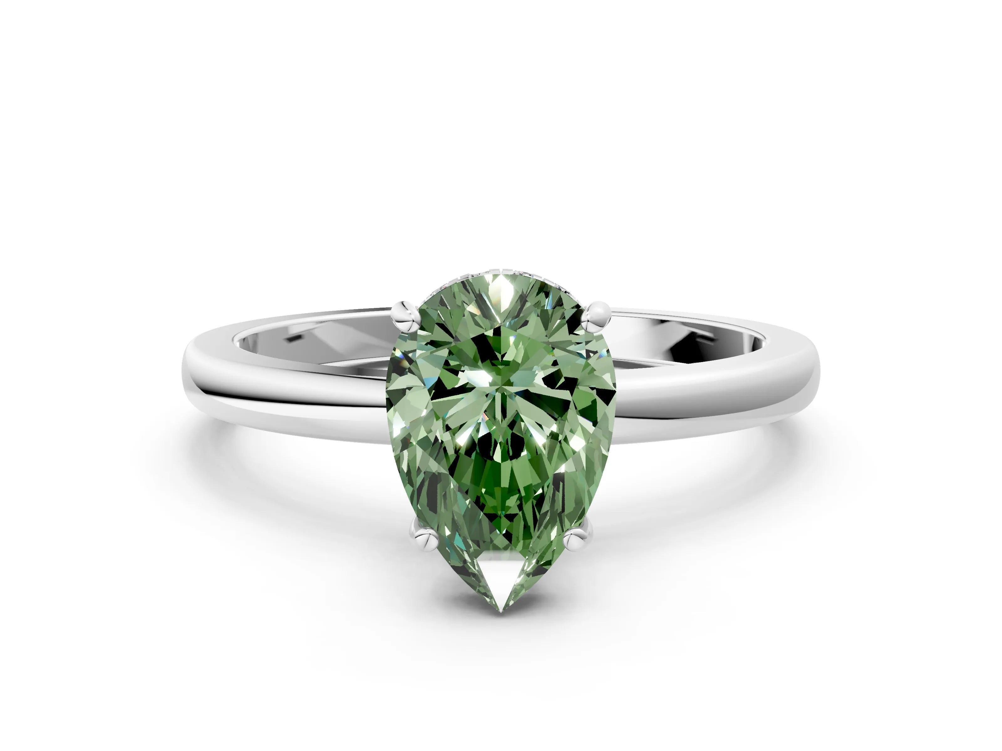 White gold Fancy Green Pear Cut Solitaire Diamond Ring with Prong Setting and Plain Band_12