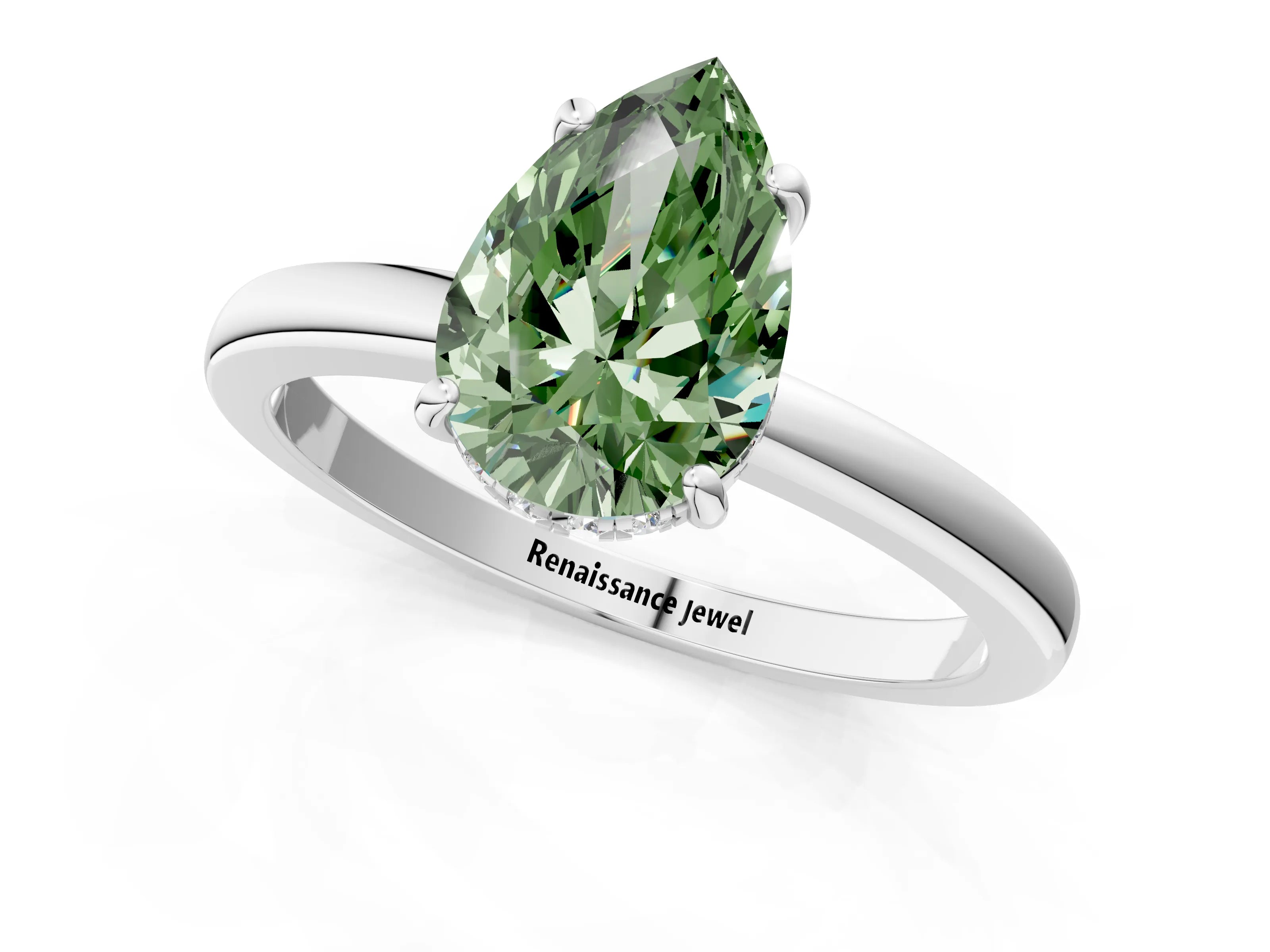 White gold Fancy Green Pear Cut Solitaire Diamond Ring with Prong Setting and Plain Band_13