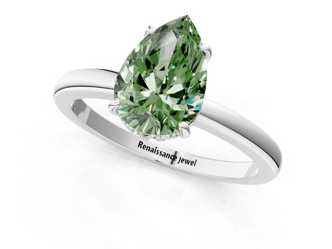 White gold Fancy Green Pear Cut Solitaire Diamond Ring with Prong Setting and Plain Band_13