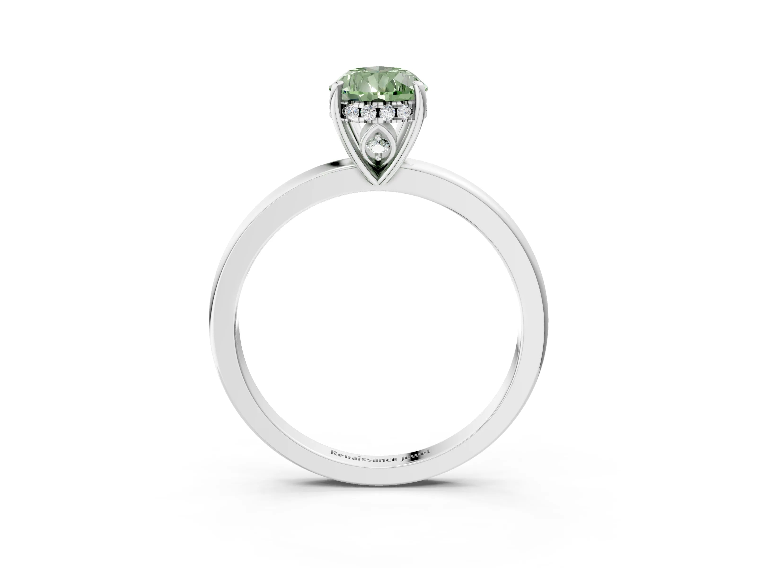 White gold Fancy Green Pear Cut Solitaire Diamond Ring with Prong Setting and Plain Band_15