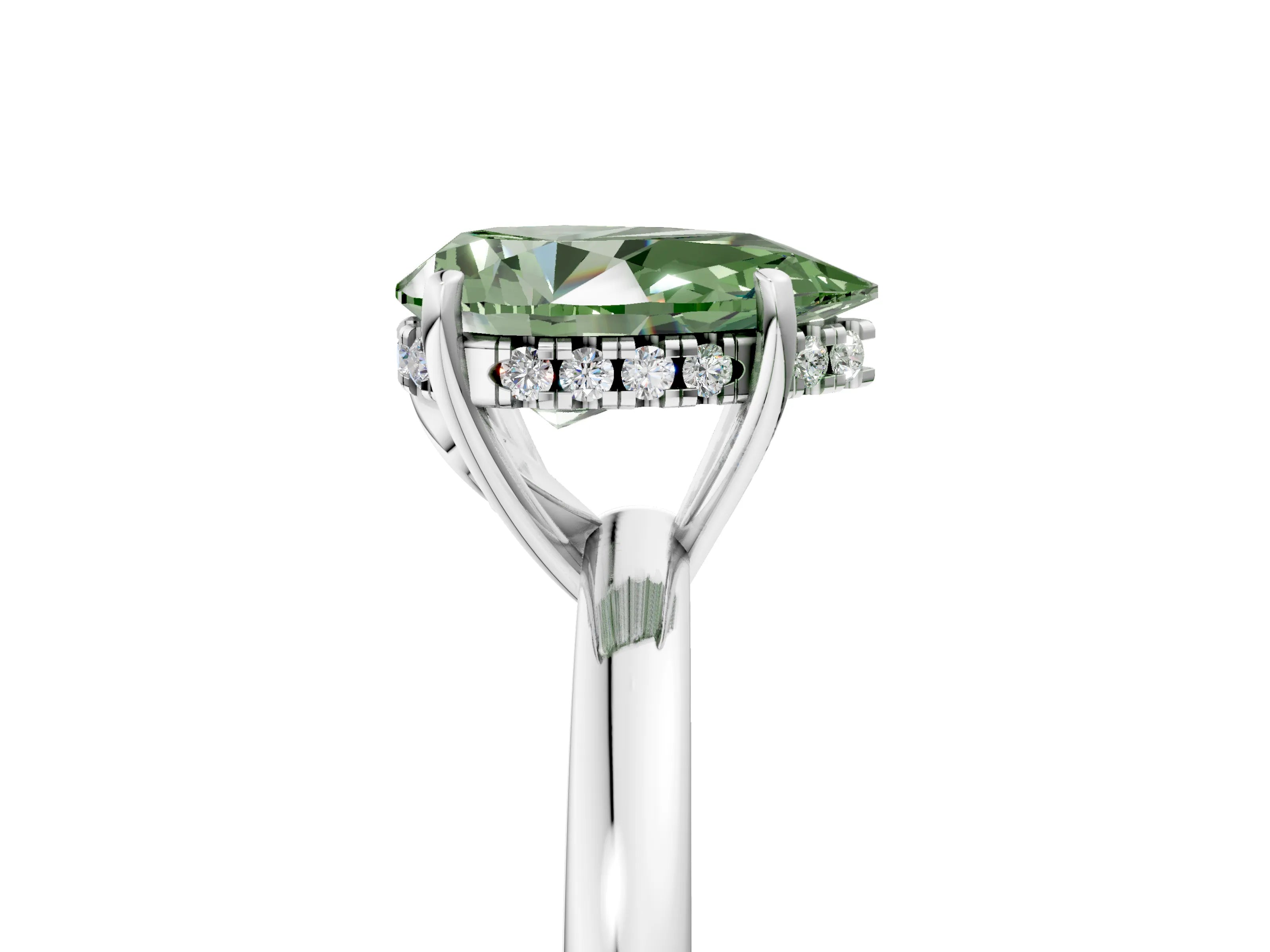 White gold Fancy Green Pear Cut Solitaire Diamond Ring with Prong Setting and Plain Band_5