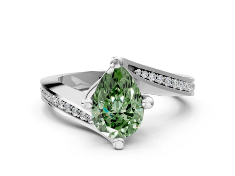 White gold Fancy Green Pear Cut Solitaire Diamond Twist Band with Pavé Setting and Four-Prong Setting_12