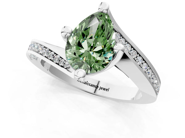 White gold Fancy Green Pear Cut Solitaire Diamond Twist Band with Pavé Setting and Four-Prong Setting