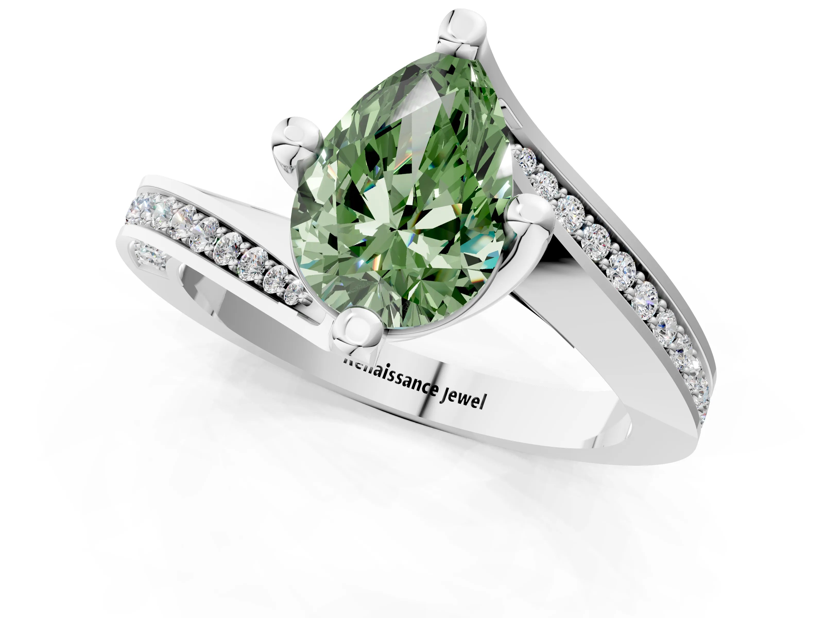 White gold Fancy Green Pear Cut Solitaire Diamond Twist Band with Pavé Setting and Four-Prong Setting_13