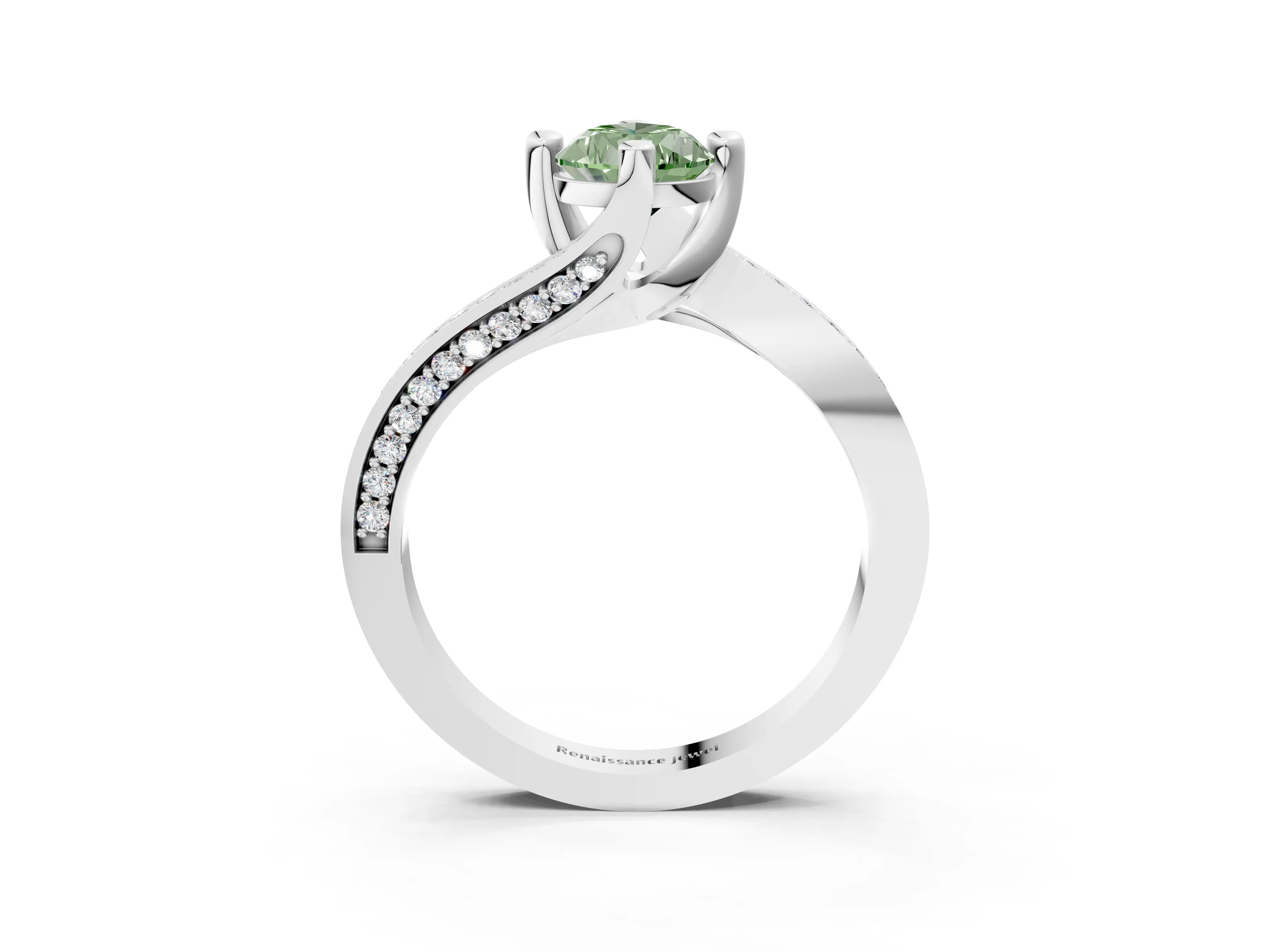 White gold Fancy Green Pear Cut Solitaire Diamond Twist Band with Pavé Setting and Four-Prong Setting_15