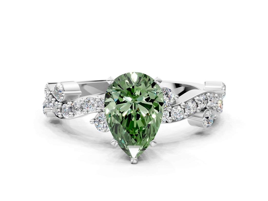 White gold Fancy Green Pear  Cut Solitaire Diamond Twisted Band with Pave Setting_28