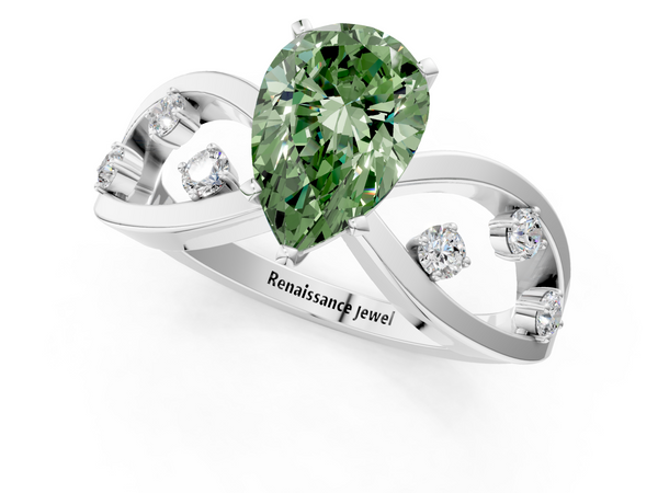 Platinum Fancy Green Pear  Cut Solitaire Diamond with Side Stones on Criss-Cross Band and Four-Prong Setting