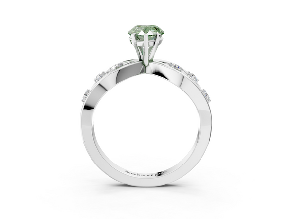 Platinum Fancy Green Pear  Cut Solitaire Diamond with Side Stones on Criss-Cross Band and Four-Prong Setting
