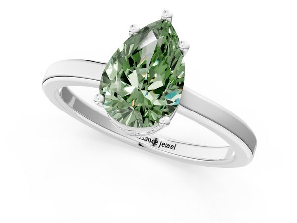 White gold Fancy Green Pear  Cut Solitaire Engagement Ring with Four-Prong Setting on a Classic Band