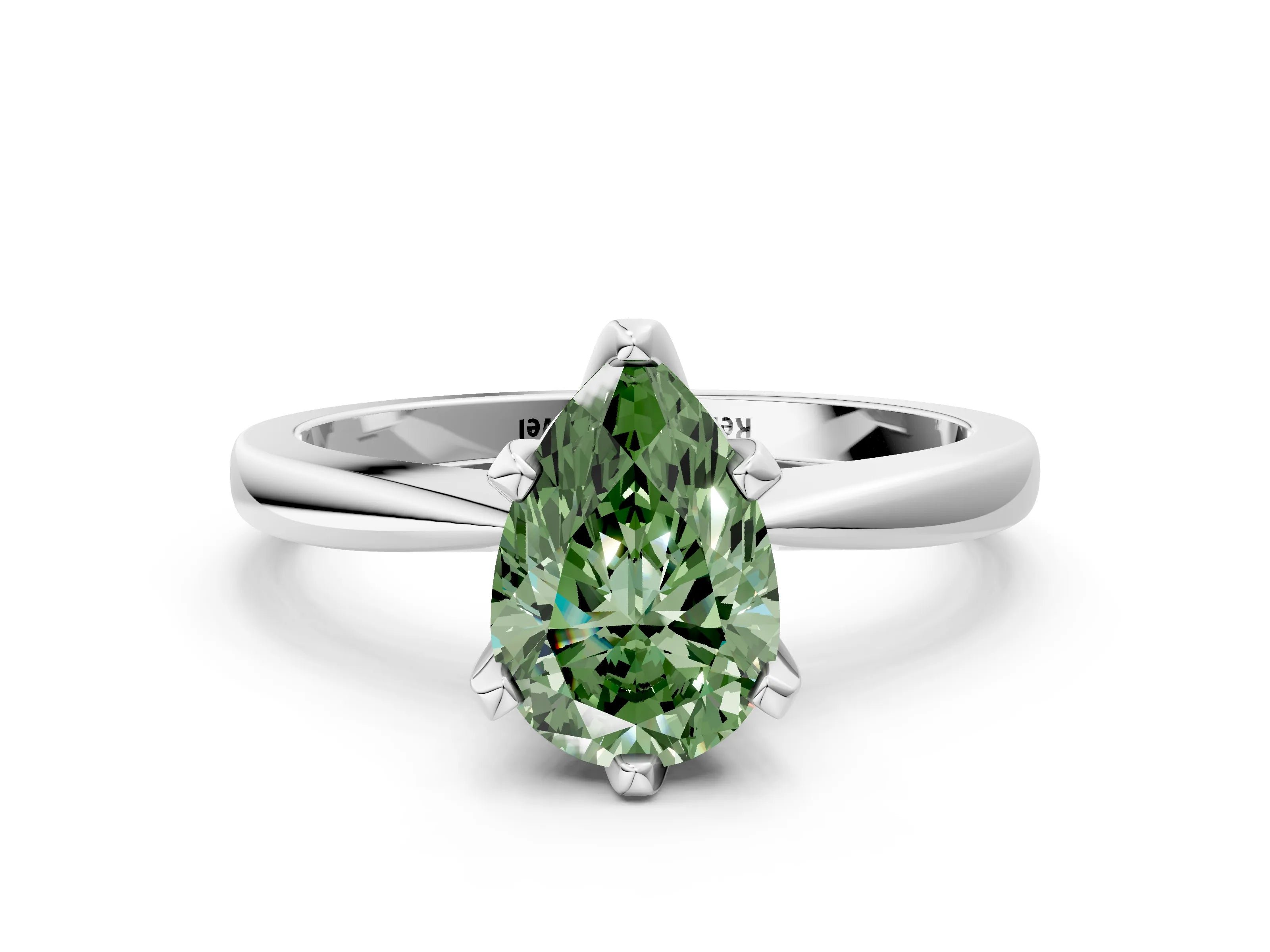 White gold Fancy Green Pear Cut Solitaire Engagement Ring with Six-Prong Setting and Tapered Band
