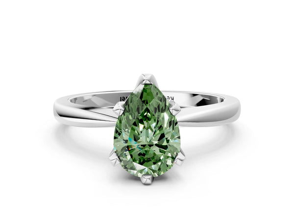 White gold Fancy Green Pear Cut Solitaire Engagement Ring with Six-Prong Setting and Tapered Band