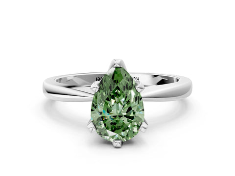 White gold Fancy Green Pear Cut Solitaire Engagement Ring with Six-Prong Setting and Tapered Band