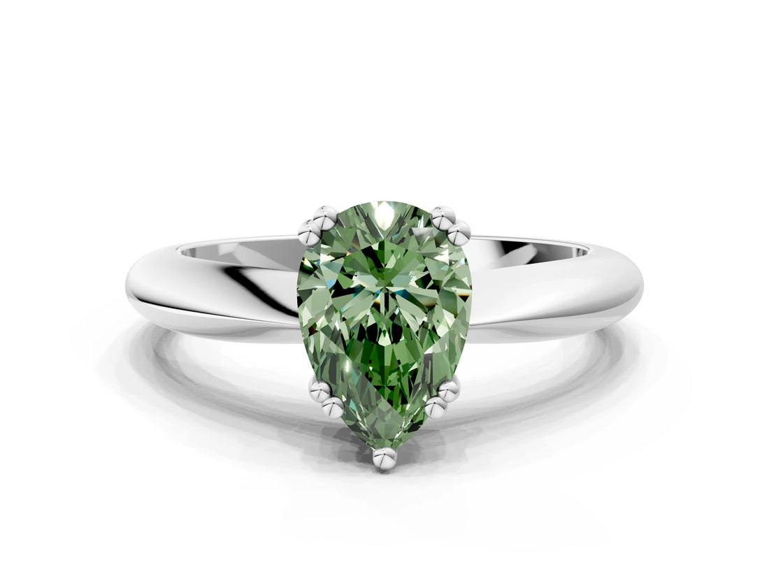 White gold Fancy Green Pear  Cut Solitaire Engagement Ring with Tapered Band and Four-Prong Setting 1