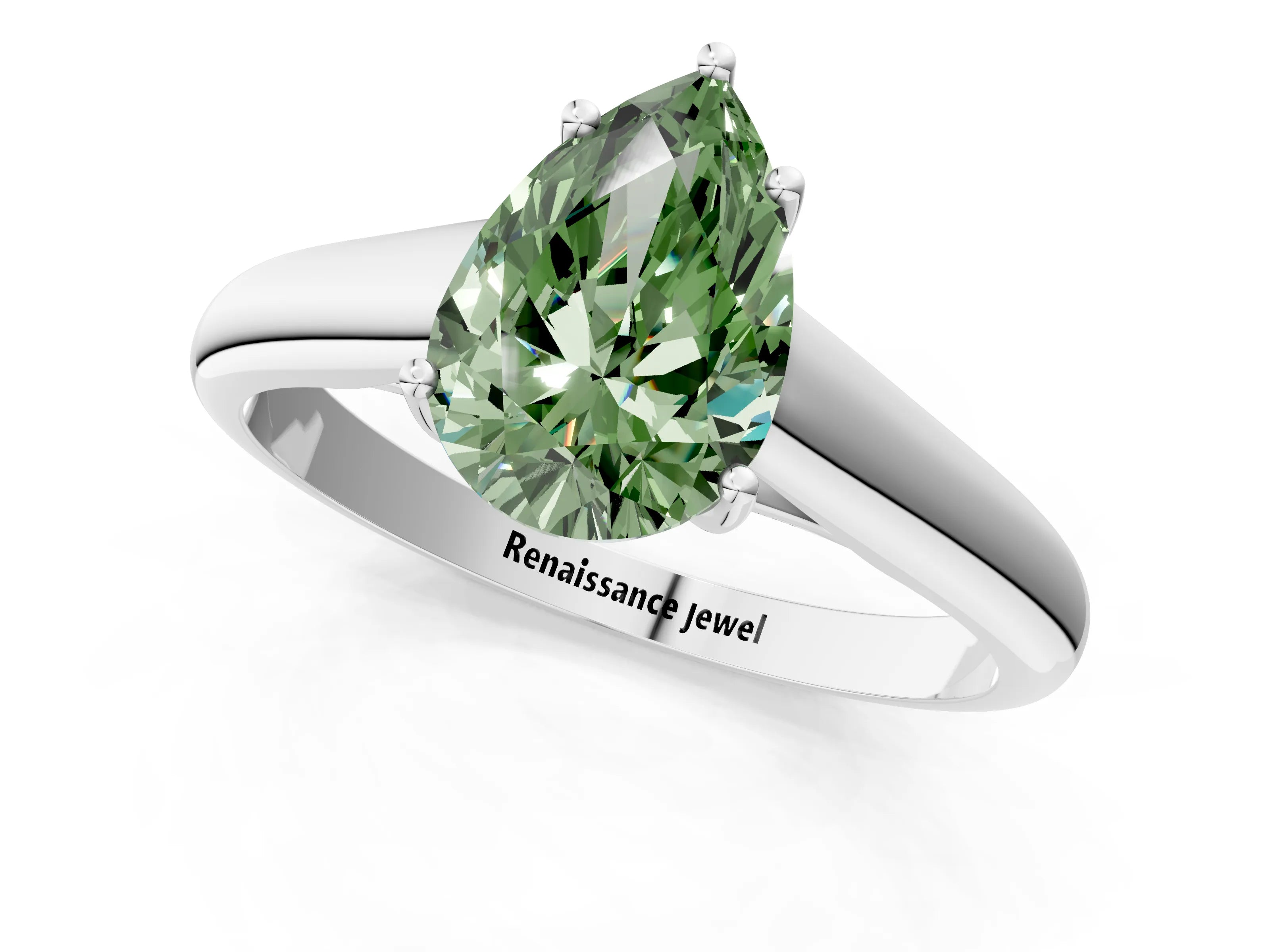 White gold Fancy Green Pear Cut Solitaire Engagement Ring with Tapered Band and Four-Prong Setting_16
