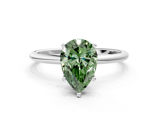 White gold Fancy Green Pear  Cut Solitaire Engagement Ring with Thin Band and Four-Prong Setting