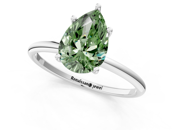 White gold Fancy Green Pear  Cut Solitaire Engagement Ring with Thin Band and Four-Prong Setting