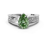 White gold Fancy Green Pear  Cut Solitaire Engraved Band with Four-Prong Setting_78
