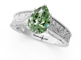 White gold Fancy Green Pear  Cut Solitaire Engraved Band with Four-Prong Setting_79