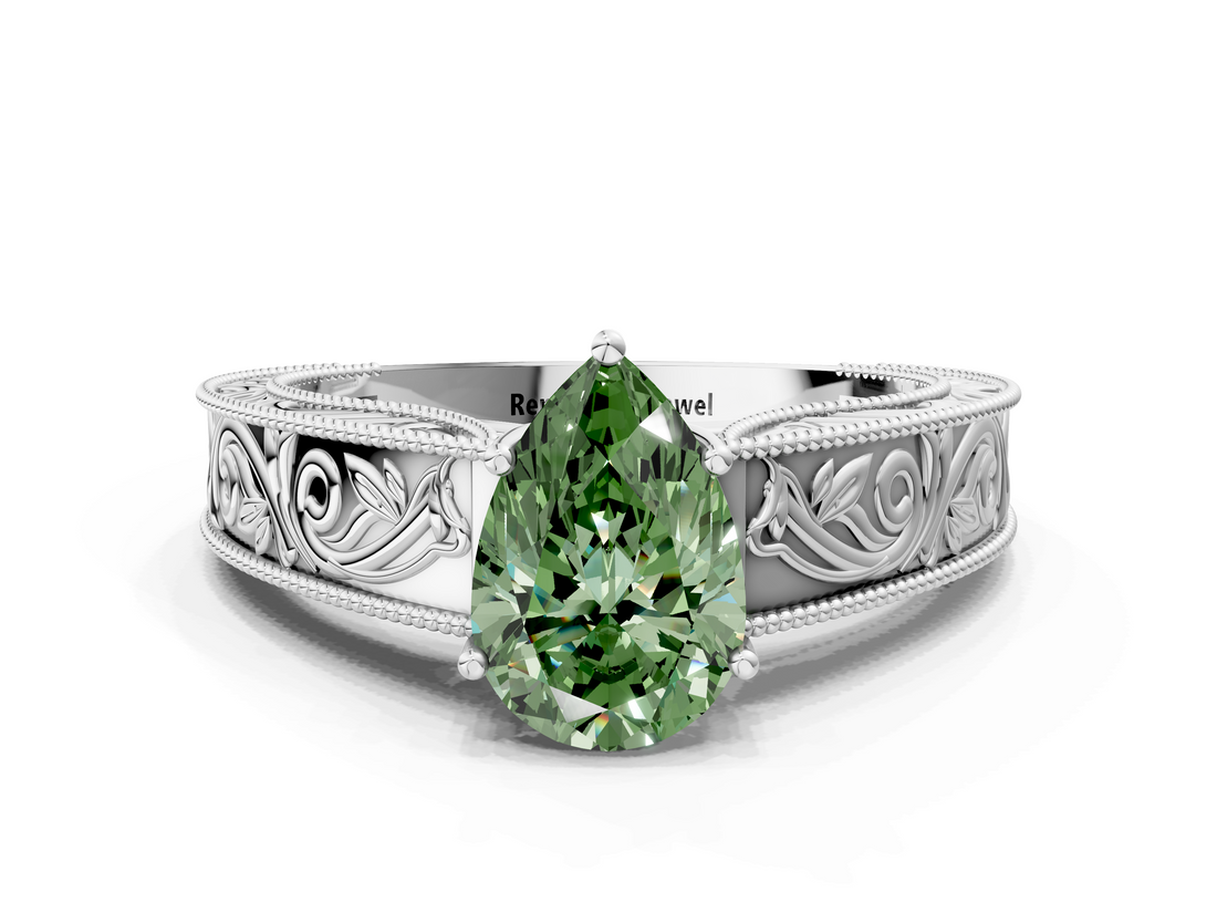 White gold Fancy Green Pear  Cut Solitaire Engraved Band with Four-Prong Setting_80