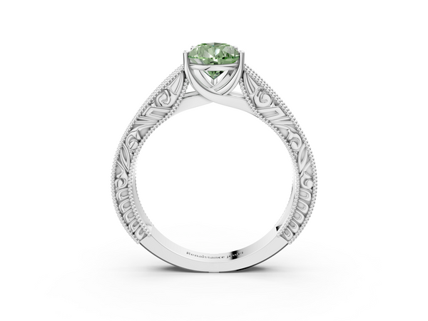 White gold Fancy Green Pear Cut Diamond Solitaire Ring with Engraved Band and Four-Prong Setting