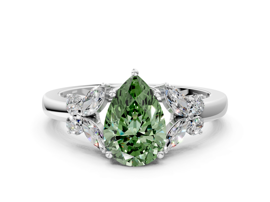 White gold Fancy Green Pear  Cut Solitaire Floral Diamond Ring with Four-Prong Setting_37