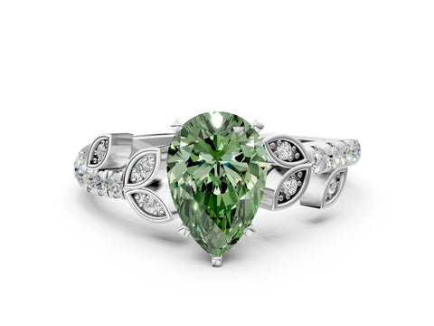 White gold Fancy Green Pear Cut Solitaire Leaf-Inspired Diamond Ring with Pavé Band and Four-Prong Setting_12