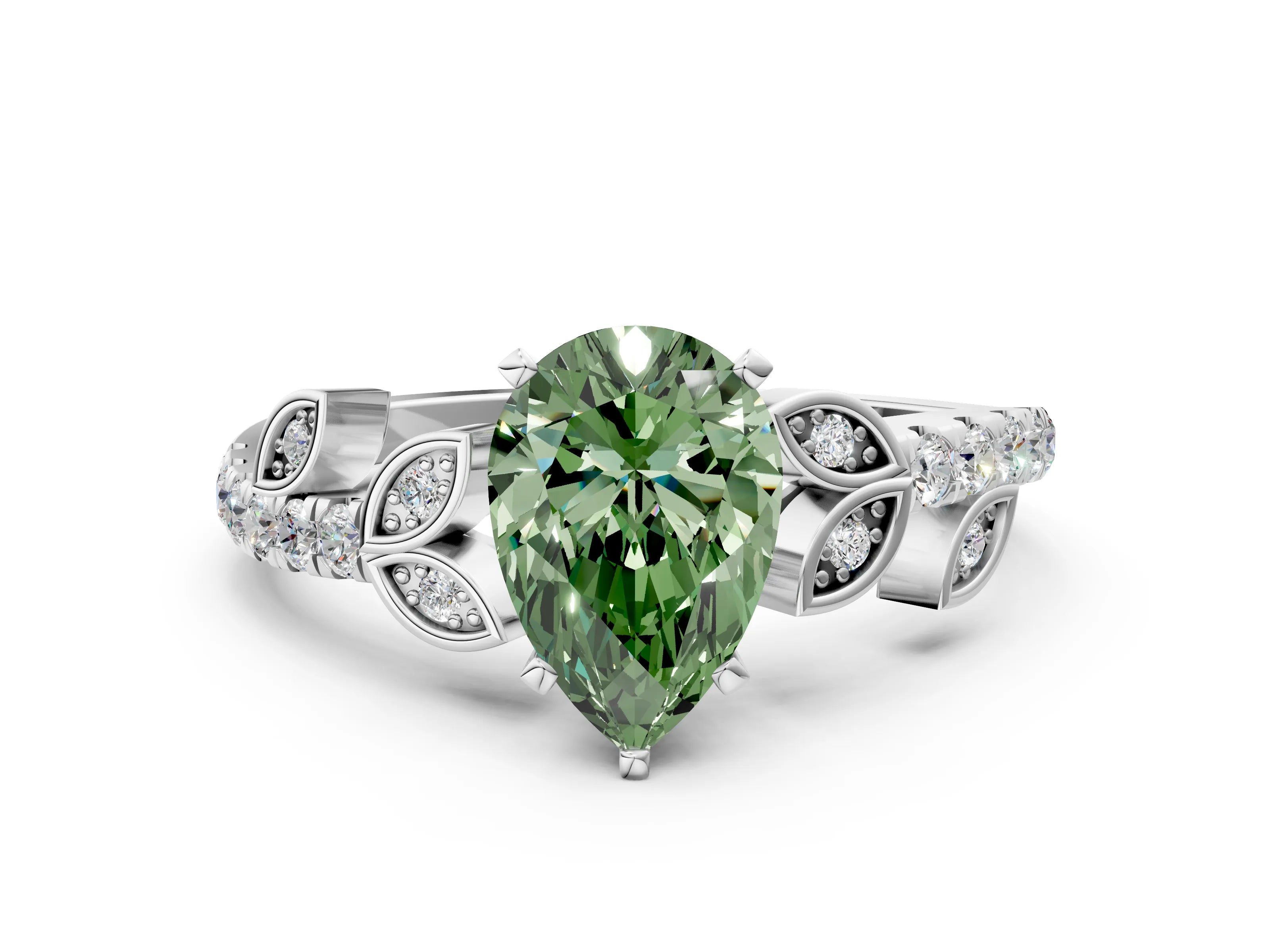 White gold Fancy Green Pear Cut Solitaire Leaf-Inspired Diamond Ring with Pavé Band and Four-Prong Setting_12