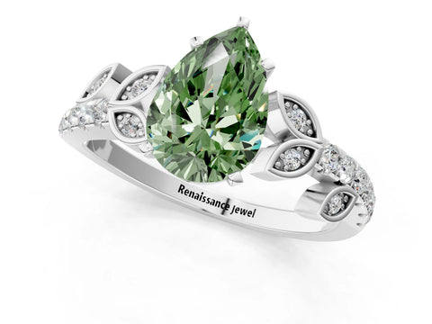 White gold Fancy Green Pear Cut Solitaire Leaf-Inspired Diamond Ring with Pavé Band and Four-Prong Setting_13