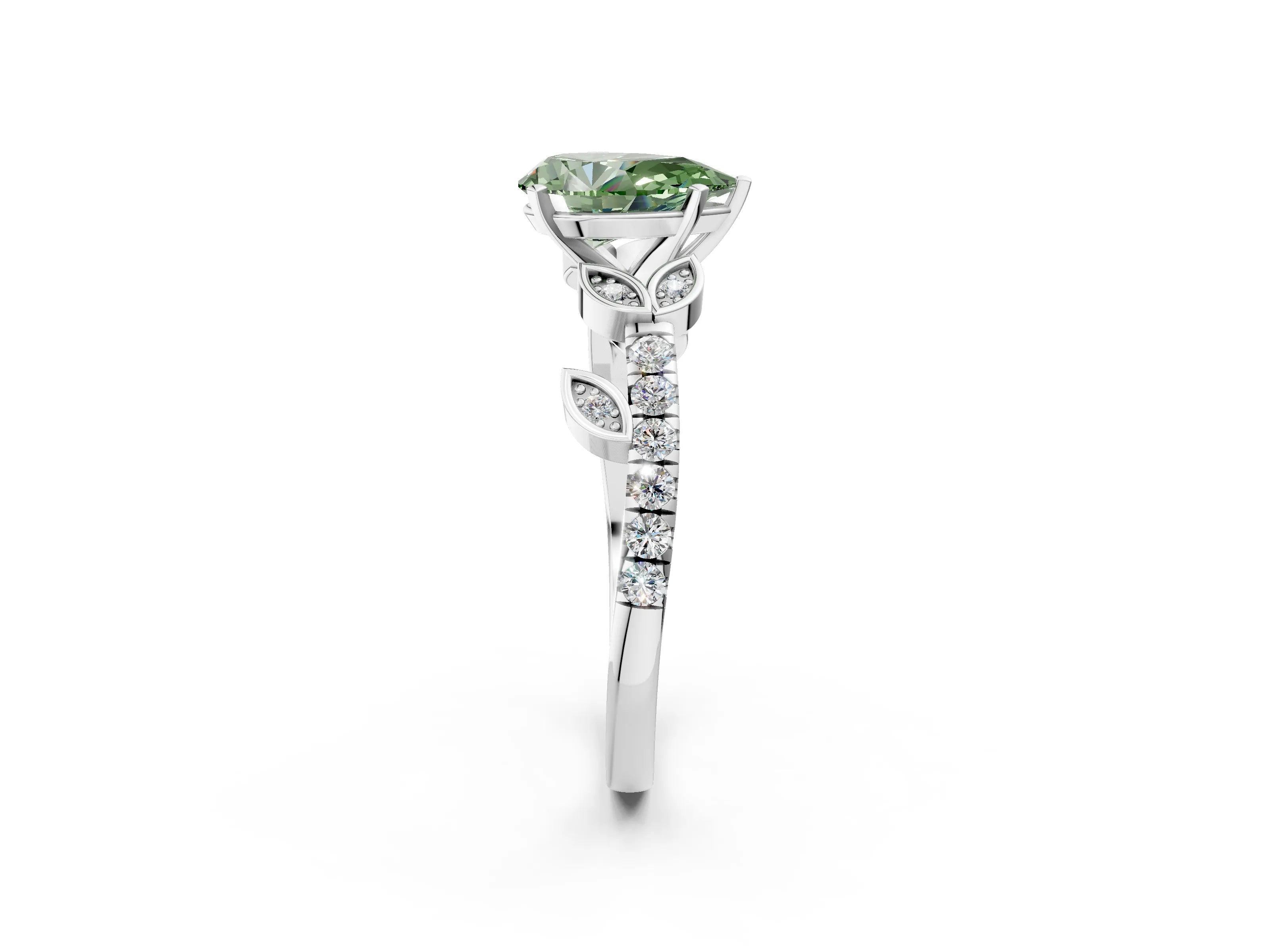 White gold Fancy Green Pear Cut Solitaire Leaf-Inspired Diamond Ring with Pavé Band and Four-Prong Setting_14