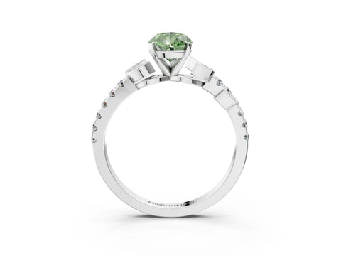 White gold Fancy Green Pear Cut Solitaire Leaf-Inspired Diamond Ring with Pavé Band and Four-Prong Setting_15