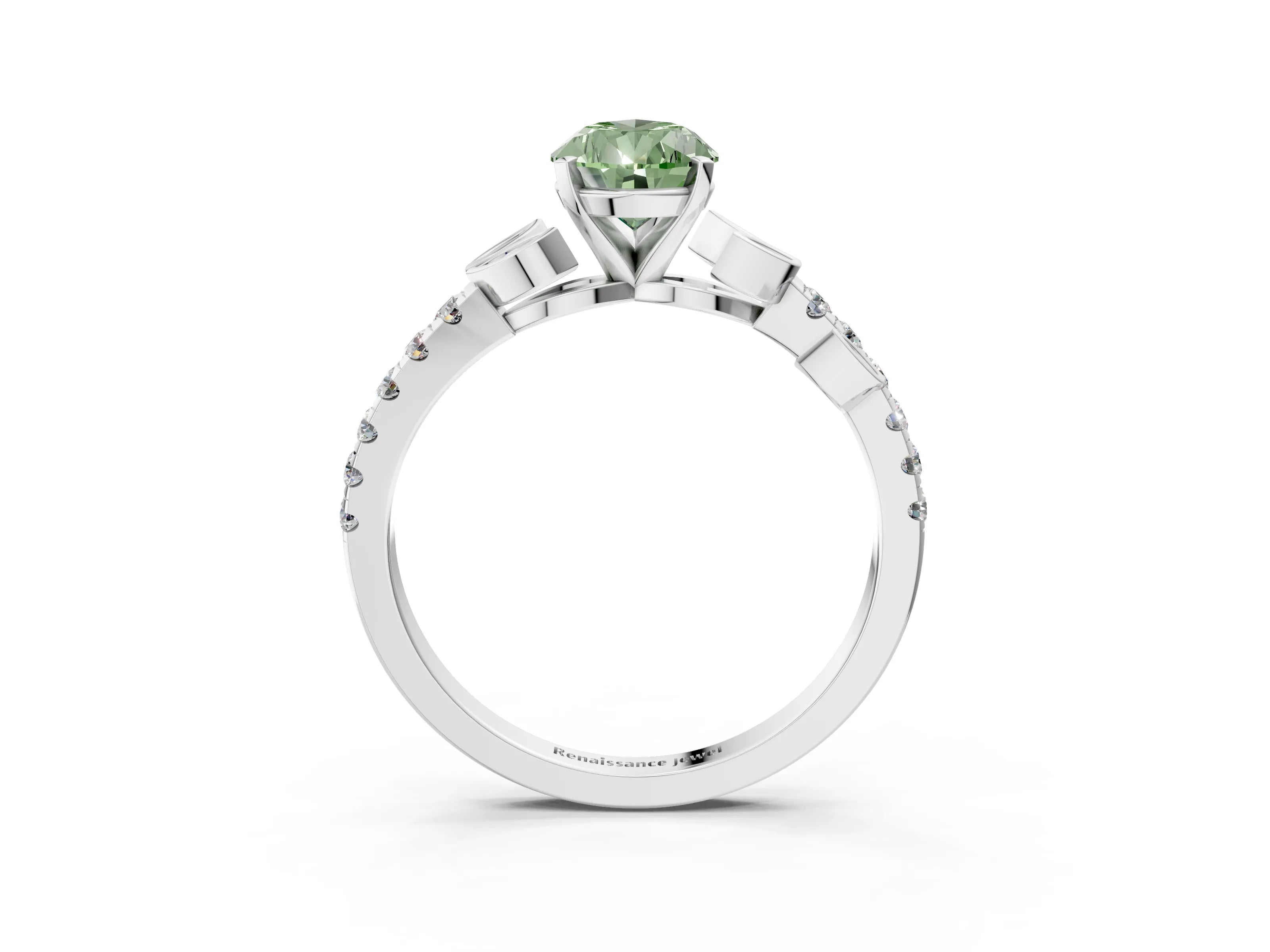 White gold Fancy Green Pear Cut Solitaire Leaf-Inspired Diamond Ring with Pavé Band and Four-Prong Setting_15