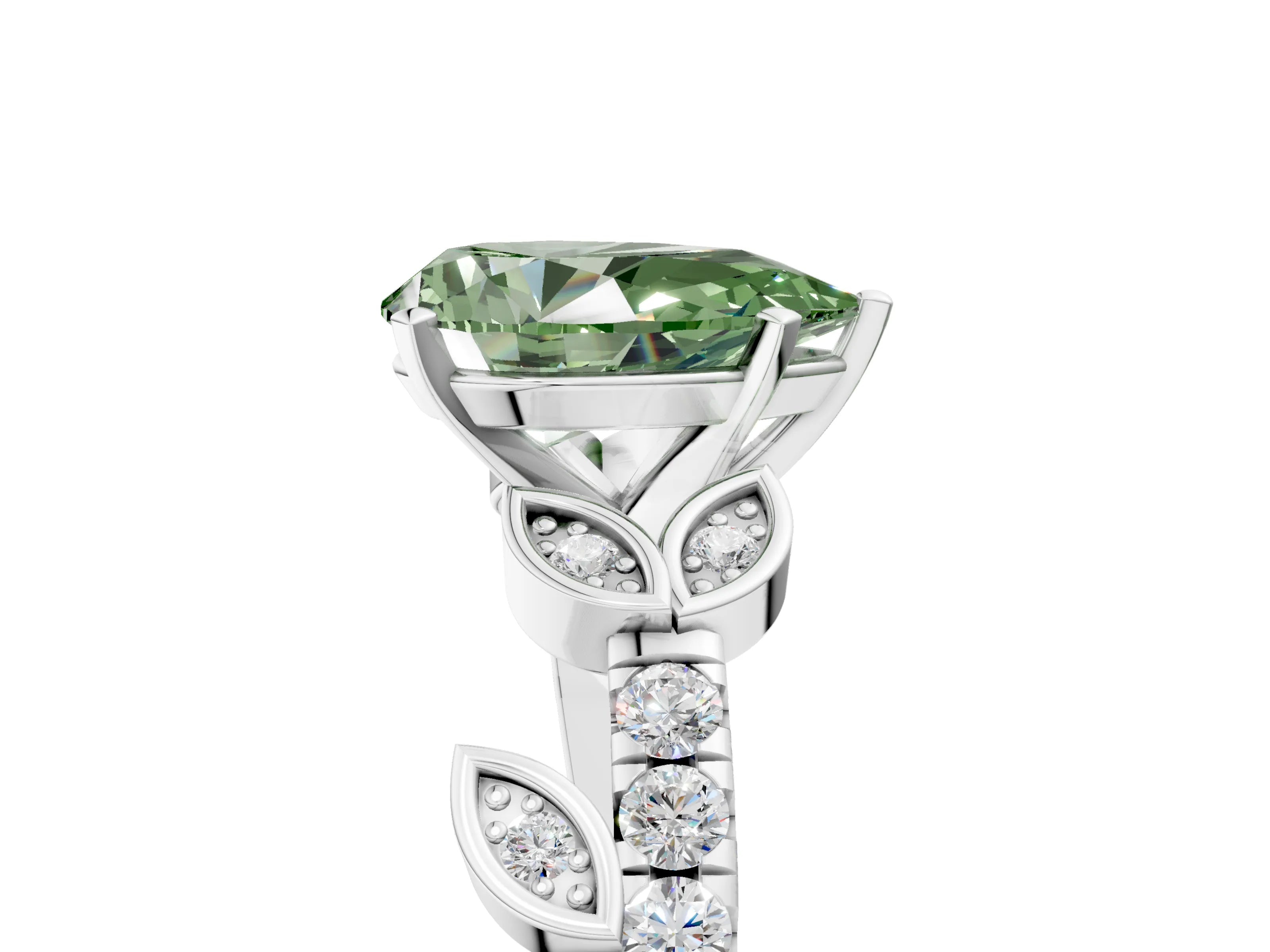 White gold Fancy Green Pear Cut Solitaire Leaf-Inspired Diamond Ring with Pavé Band and Four-Prong Setting_17