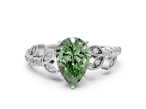 White gold Fancy Green Pear Cut Solitaire Leaf-Inspired Diamond Ring with Pavé Band and Four-Prong Setting_24