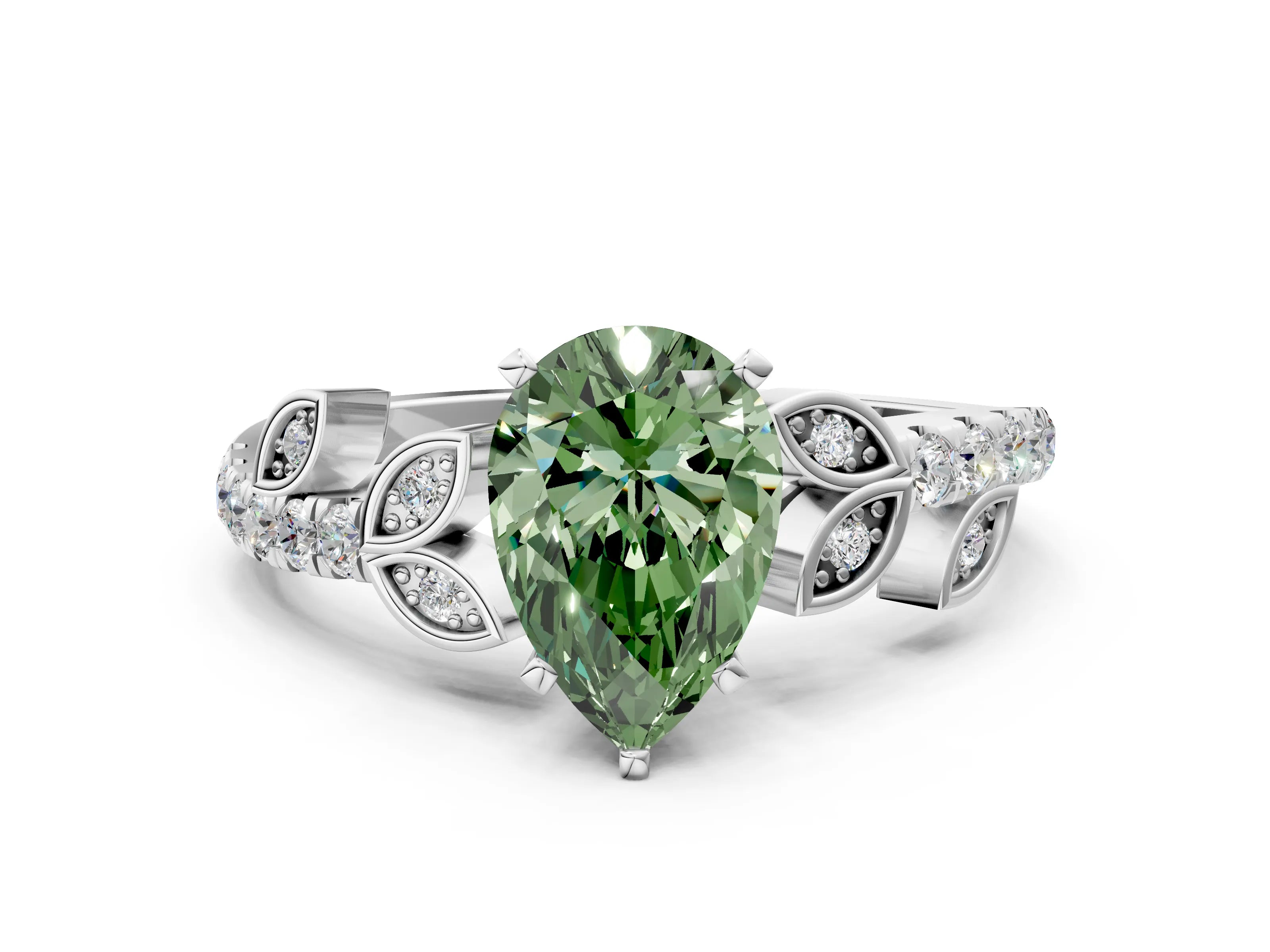 White gold Fancy Green Pear Cut Solitaire Leaf-Inspired Diamond Ring with Pavé Band and Four-Prong Setting_24