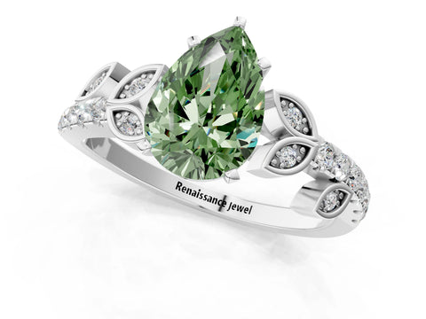 White gold Fancy Green Pear Cut Solitaire Leaf-Inspired Diamond Ring with Pavé Band and Four-Prong Setting_25