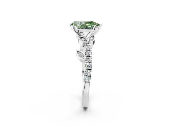 Platinum Fancy Green Pear Cut Solitaire Leaf-Inspired Diamond Ring with Pavé Band and Four-Prong Setting