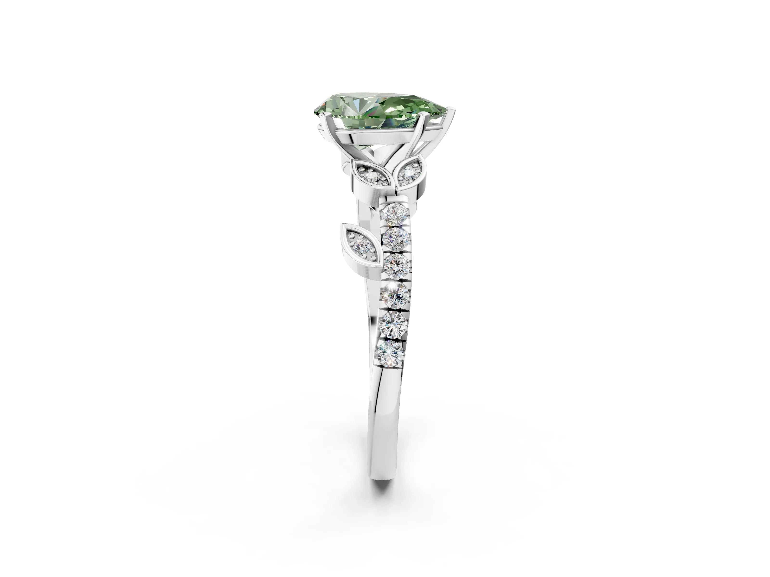 White gold Fancy Green Pear Cut Solitaire Leaf-Inspired Diamond Ring with Pavé Band and Four-Prong Setting_26