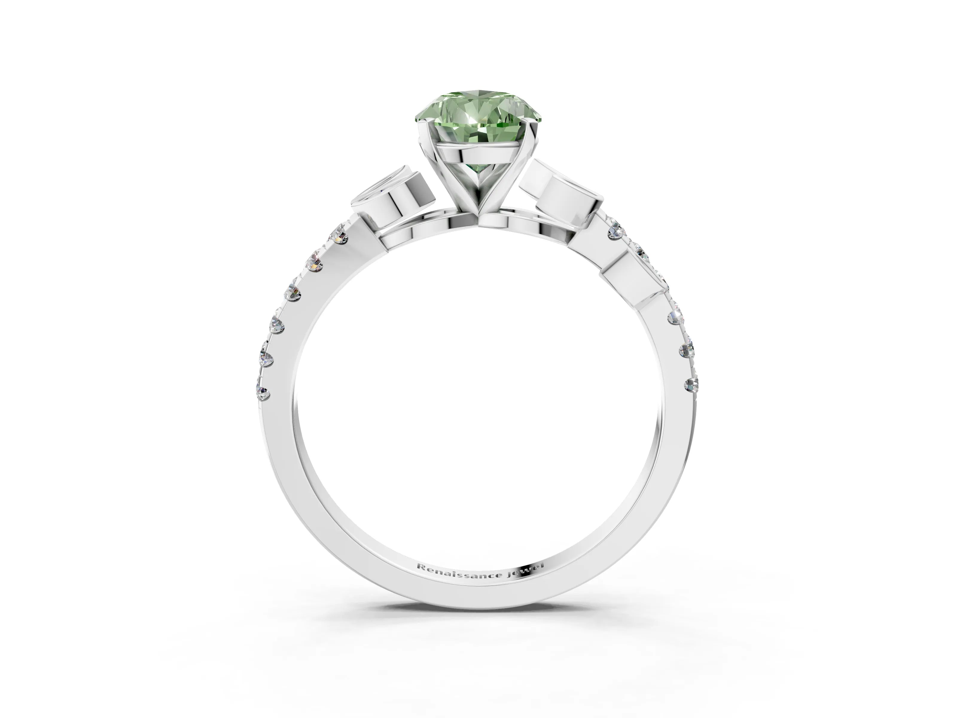 White gold Fancy Green Pear Cut Solitaire Leaf-Inspired Diamond Ring with Pavé Band and Four-Prong Setting_27