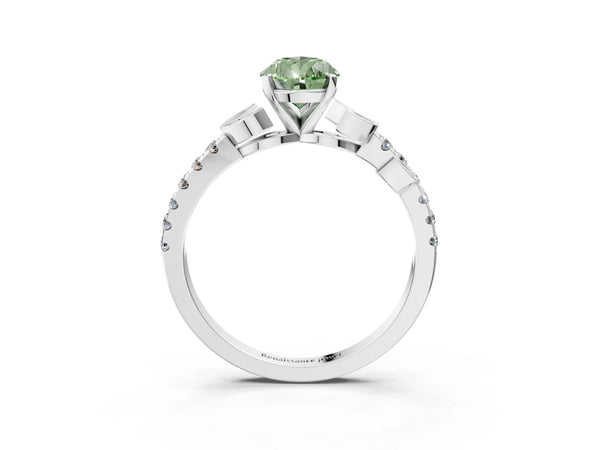 Platinum Fancy Green Pear Cut Solitaire Leaf-Inspired Diamond Ring with Pavé Band and Four-Prong Setting