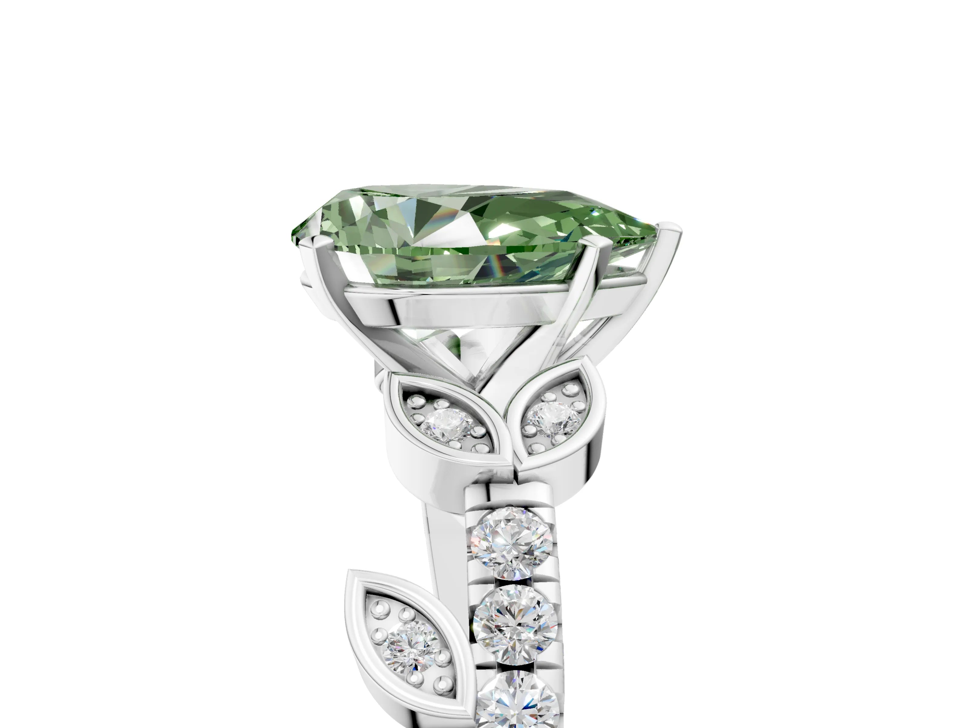 White gold Fancy Green Pear Cut Solitaire Leaf-Inspired Diamond Ring with Pavé Band and Four-Prong Setting_29