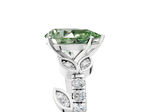 White gold Fancy Green Pear Cut Solitaire Leaf-Inspired Diamond Ring with Pavé Band and Four-Prong Setting_29