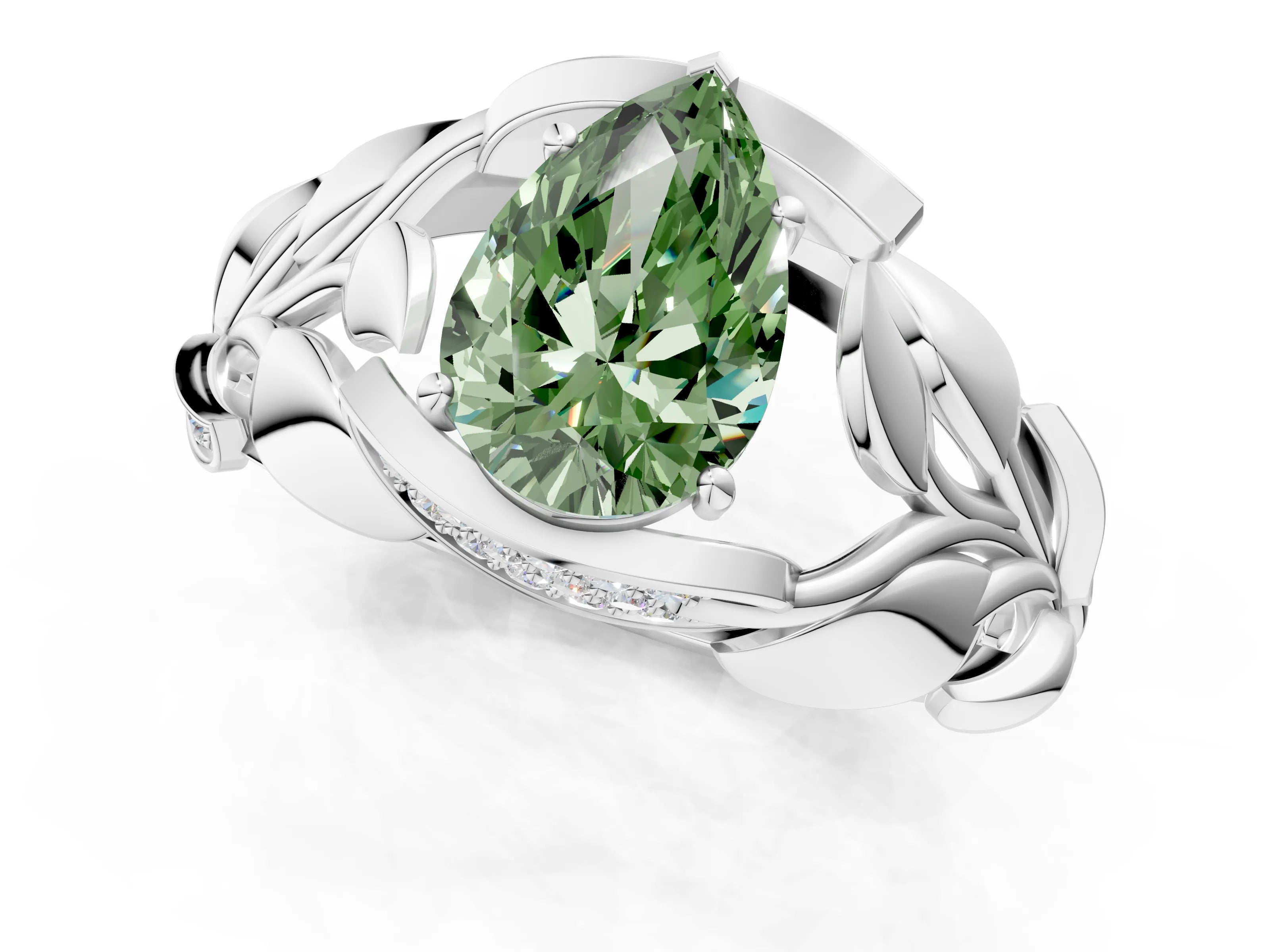 White gold Fancy Green Pear Cut Solitaire Leaf-Inspired Engagement Ring with Prong Setting_1