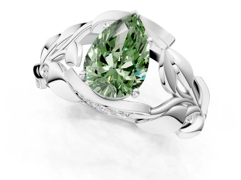 White gold Fancy Green Pear Cut Solitaire Leaf-Inspired Engagement Ring with Prong Setting_1