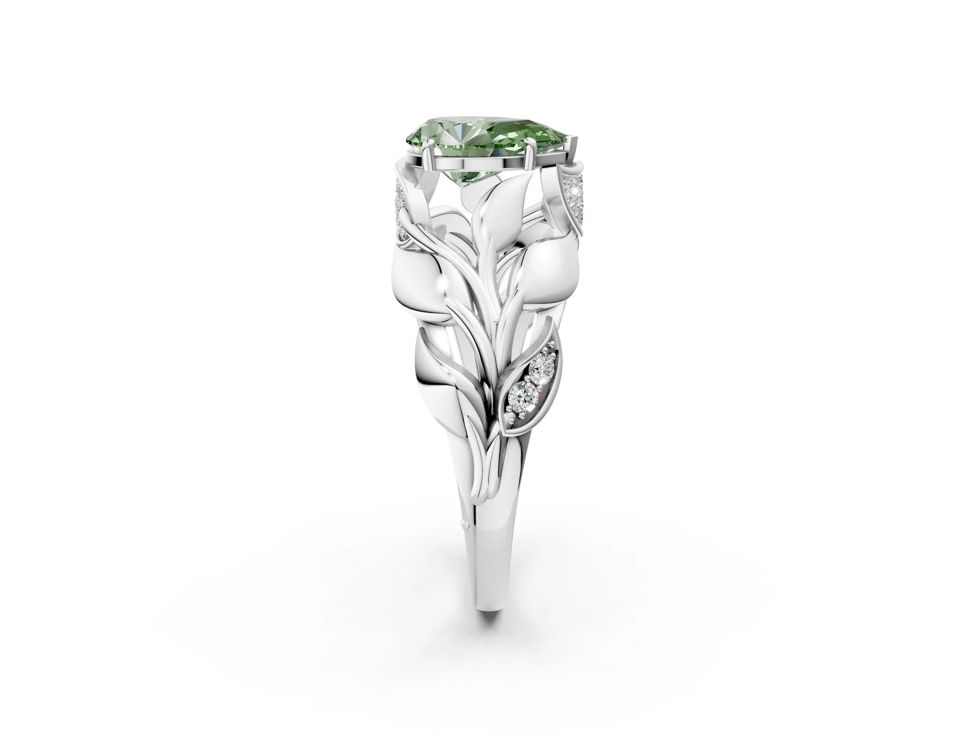 White gold Fancy Green Pear Cut Solitaire Leaf-Inspired Engagement Ring with Prong Setting_2