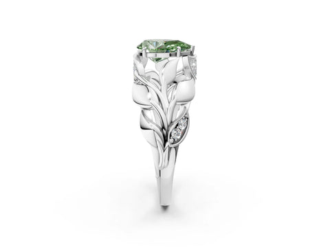 White gold Fancy Green Pear Cut Solitaire Leaf-Inspired Engagement Ring with Prong Setting_2