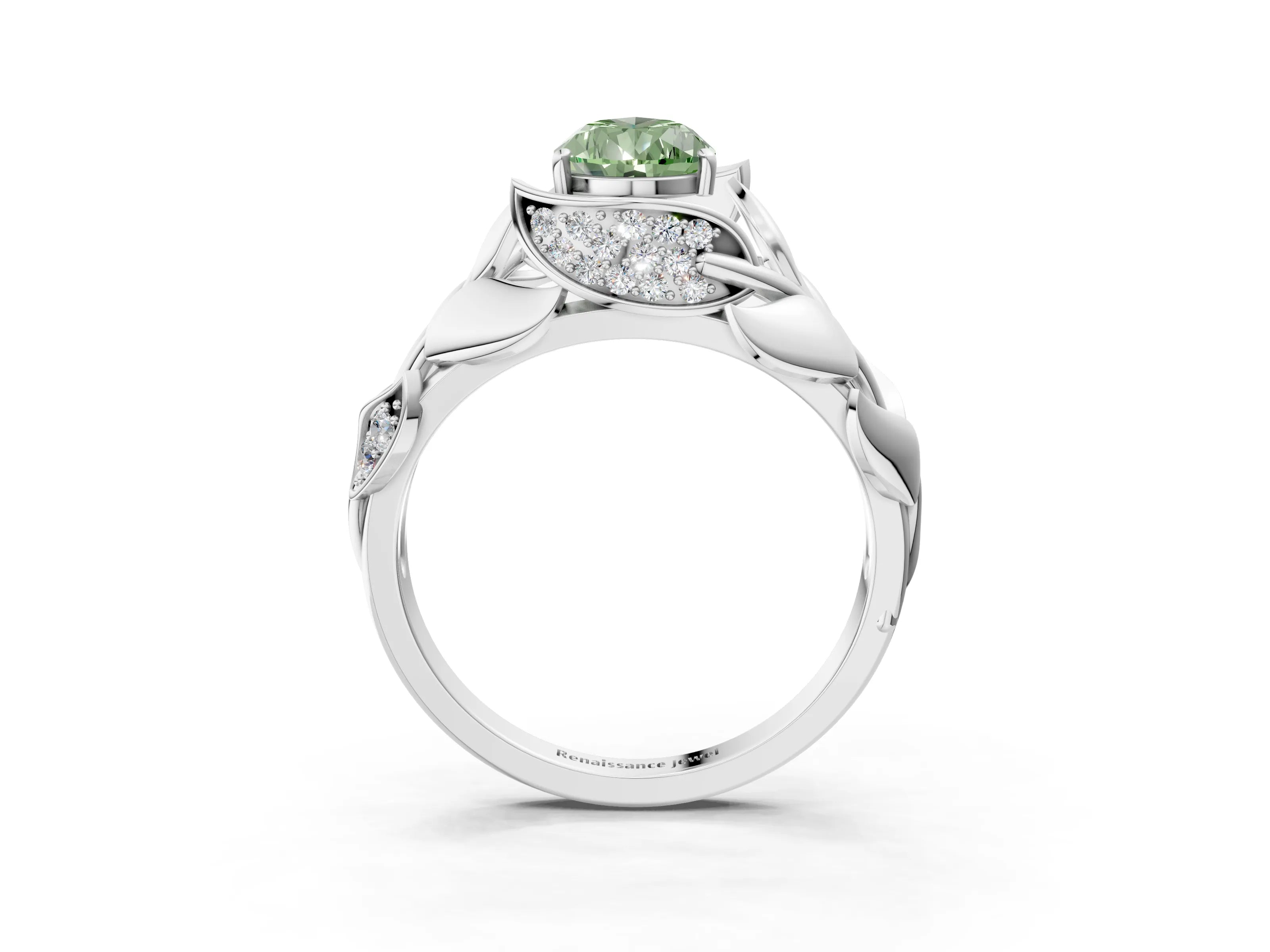 White gold Fancy Green Pear Cut Solitaire Leaf-Inspired Engagement Ring with Prong Setting_3